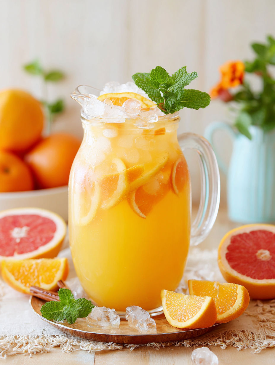 A glass filled with orange juice topped with a lemon wedge and mint garnish.