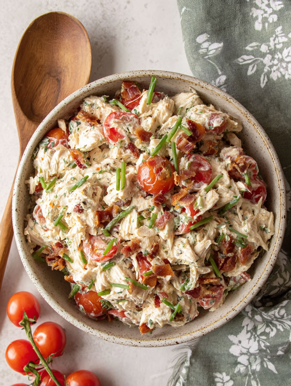 A bowl of chicken salad with tomatoes and bacon.