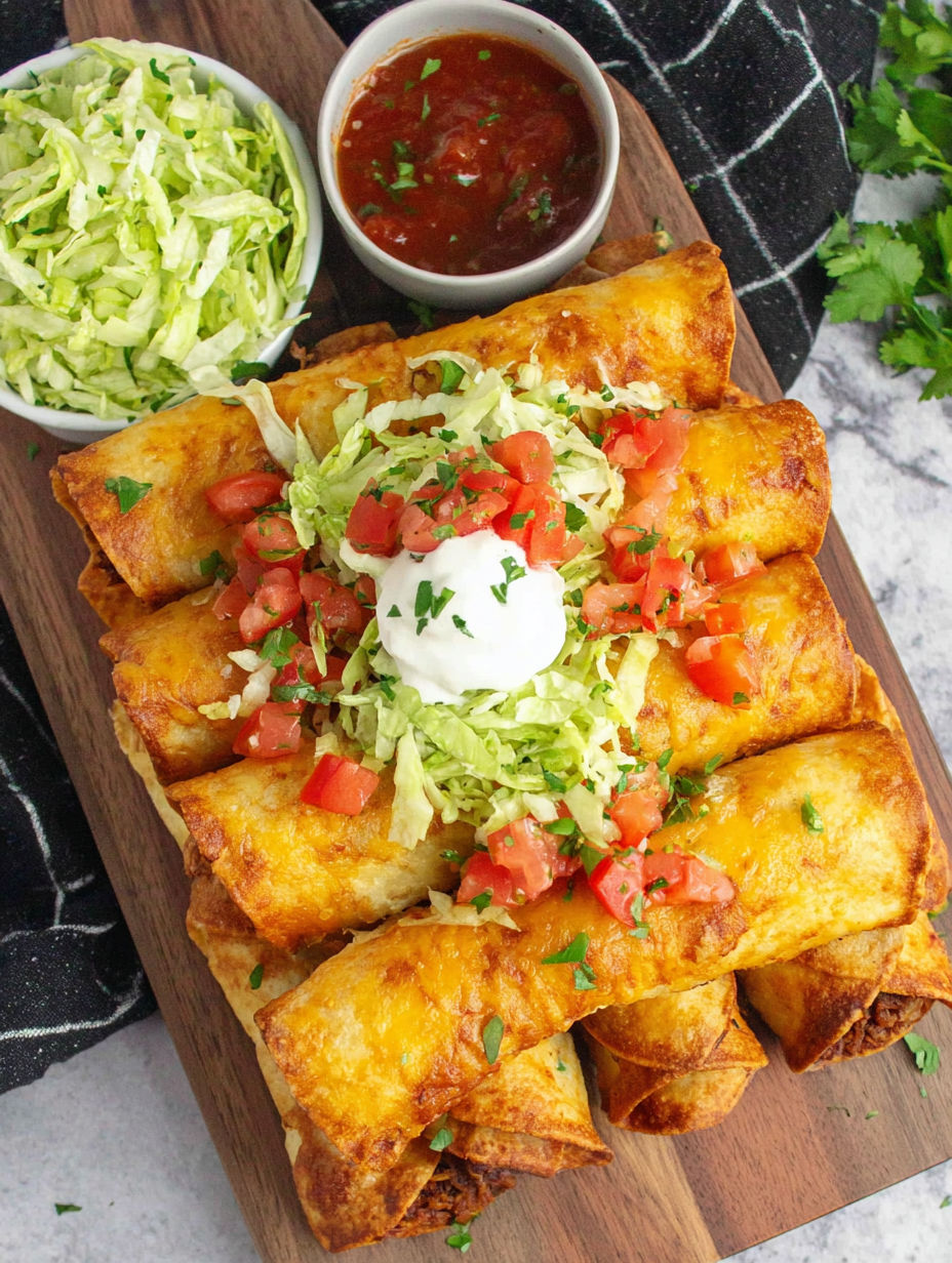 A plate of chicken flautas with lettuce and tomatoes.
