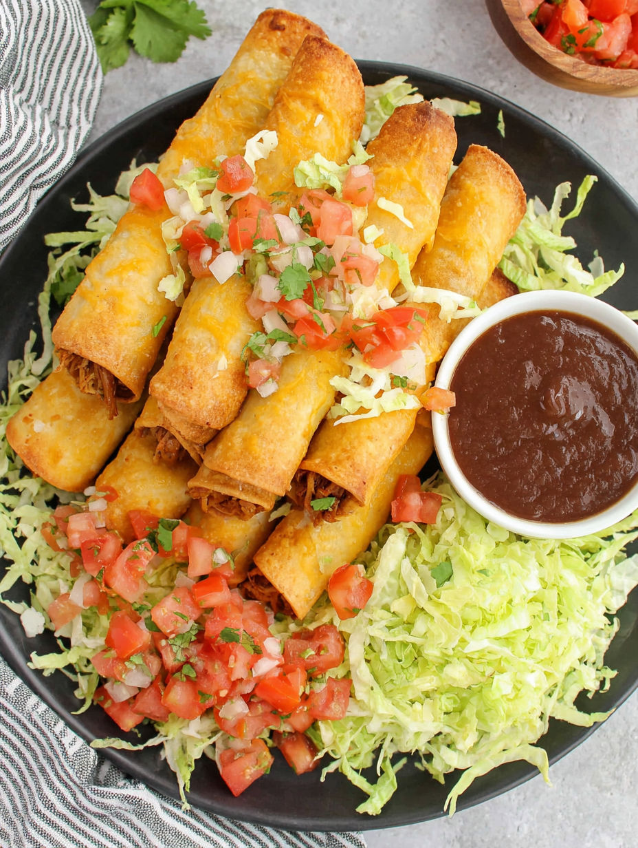 A plate of chicken flautas with tomatoes and a side of salsa.