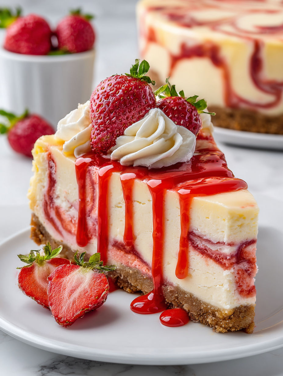 A slice of cheesecake with strawberries and whipped cream.