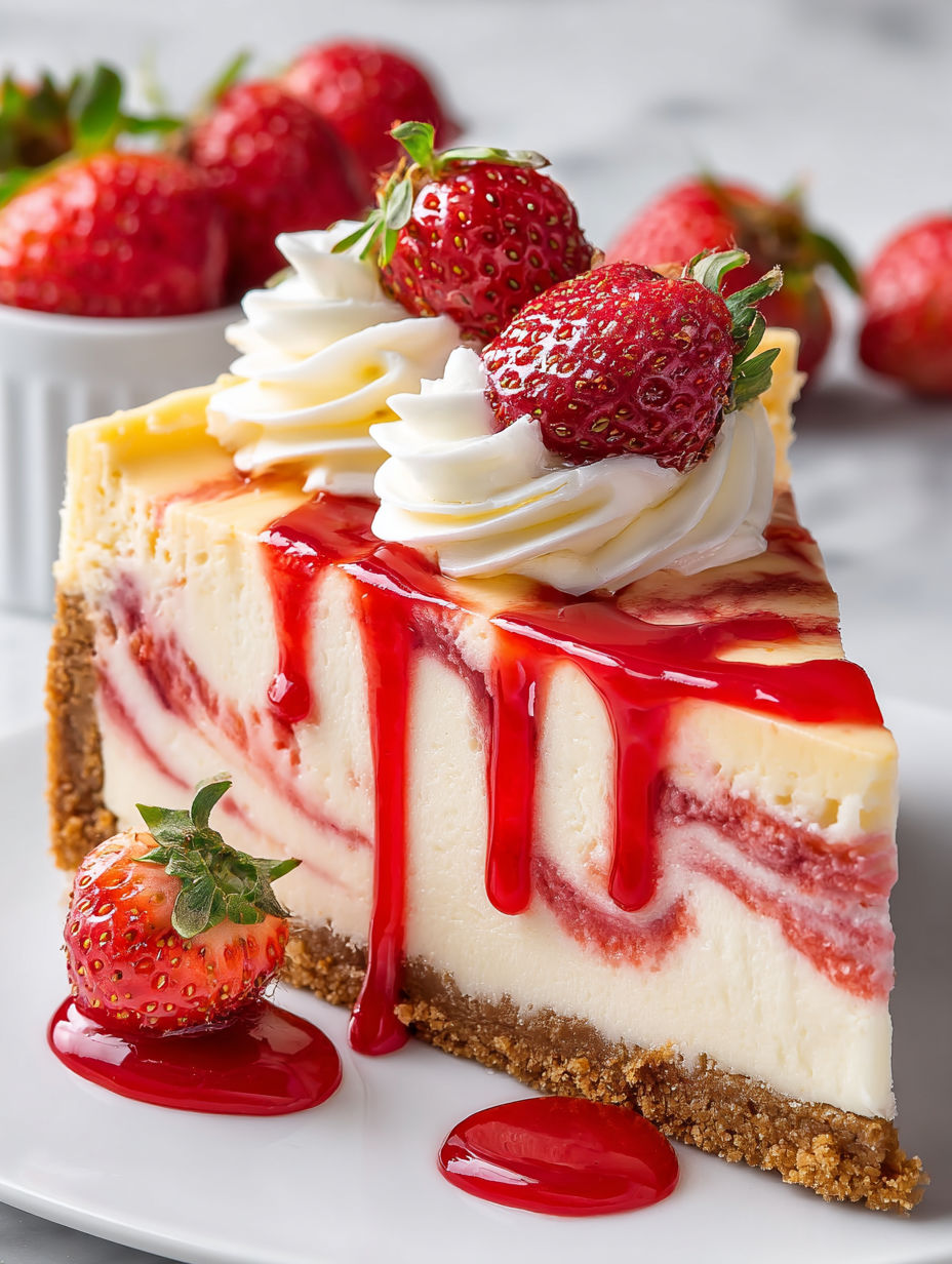 A slice of cheesecake with strawberries and whipped cream.