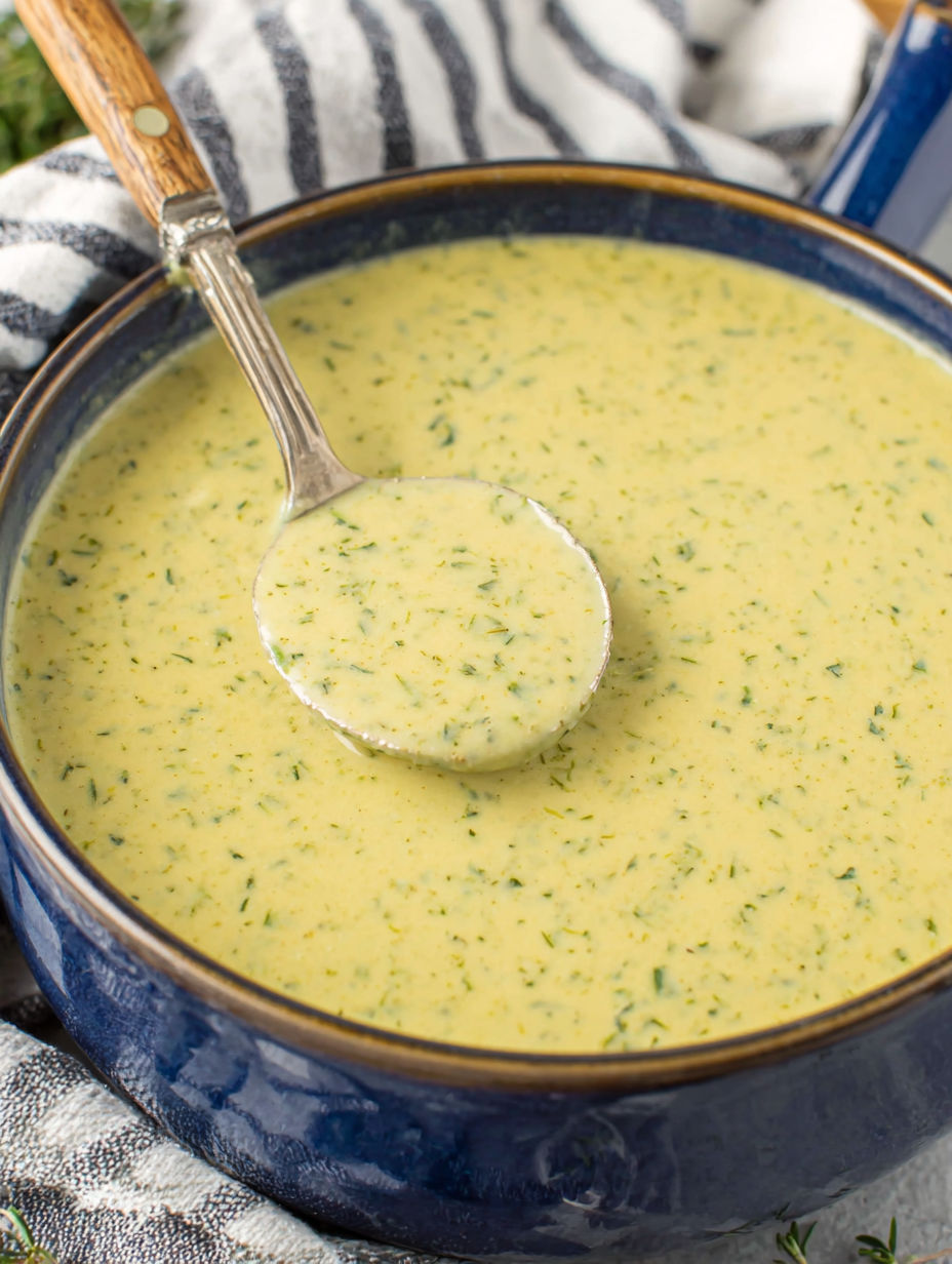 A spoon in a bowl of soup.