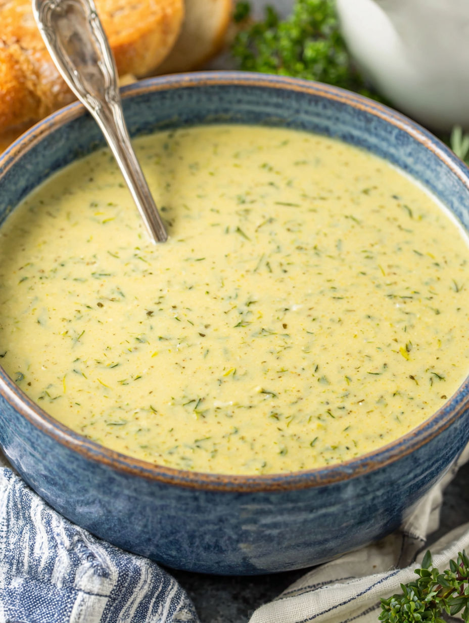 A bowl of soup with a spoon in it.