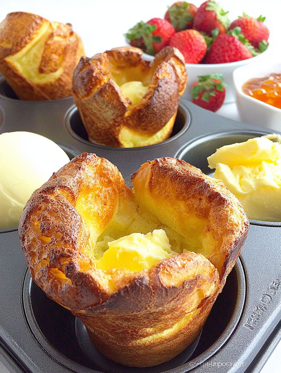 A tray of popovers with butter and jam.