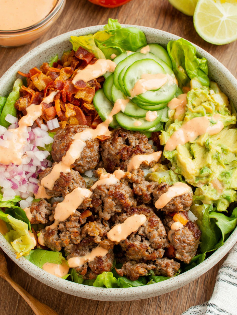 A bowl of food with meat, lettuce, and sauce.