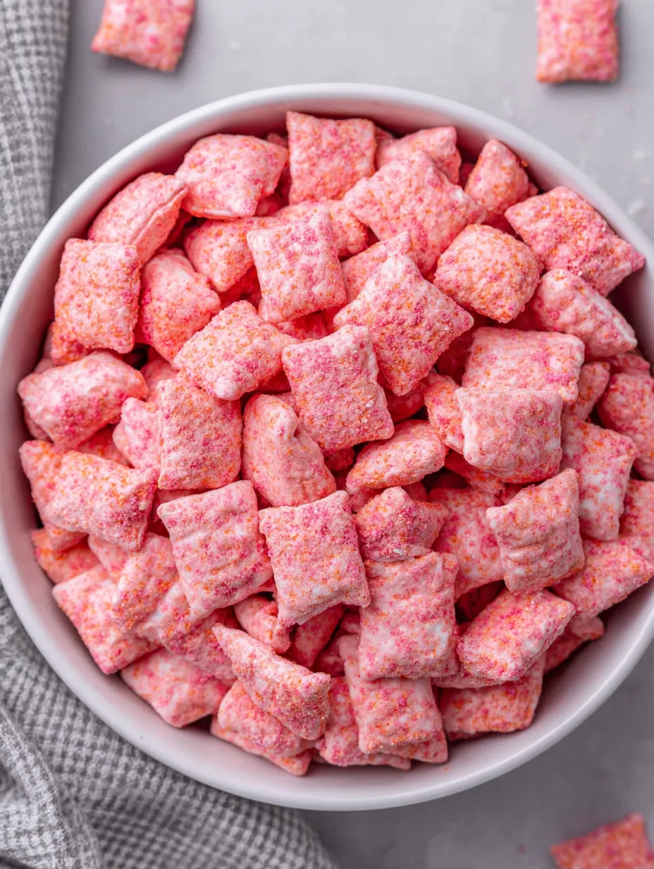 A bowl of pink puppy chow.