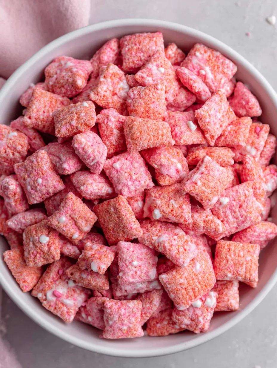 A bowl of pink and white puppy chow.