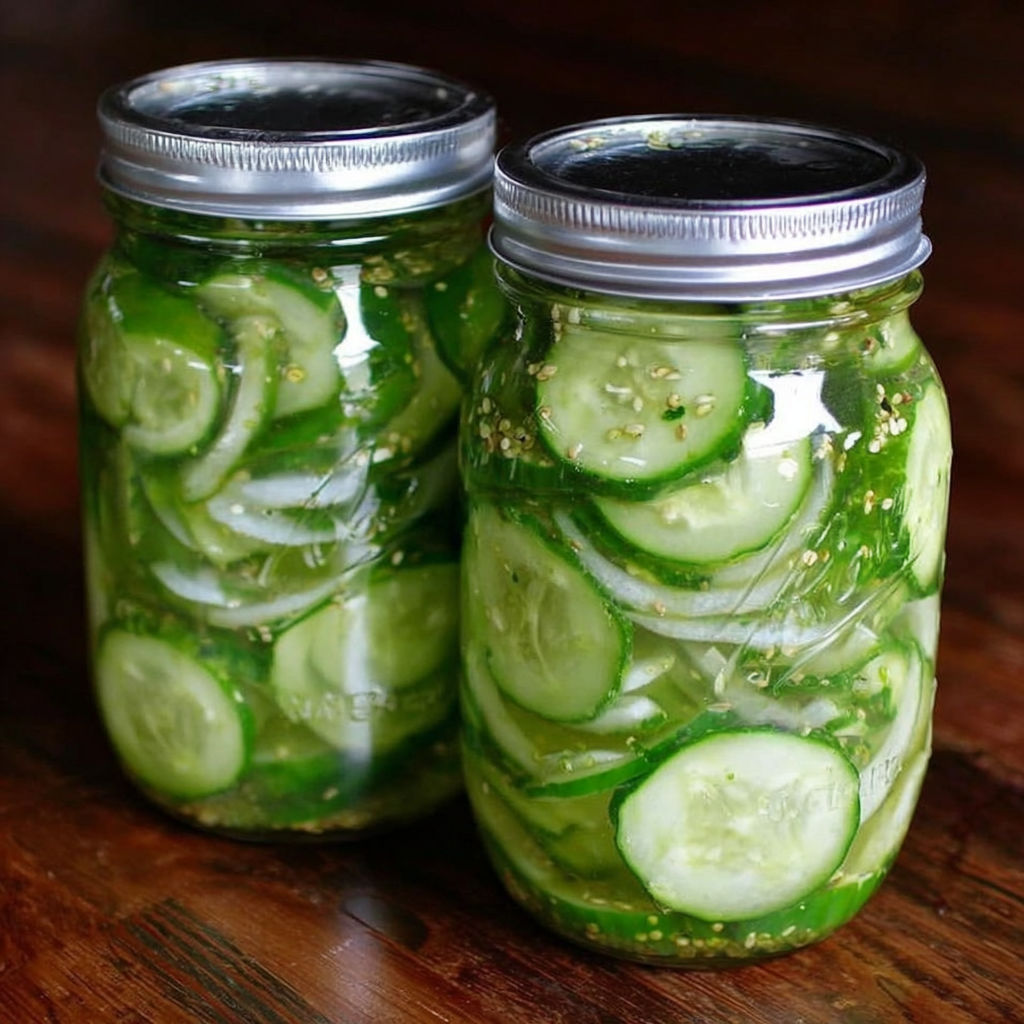 Two jars of pickled cucumbers on a table.