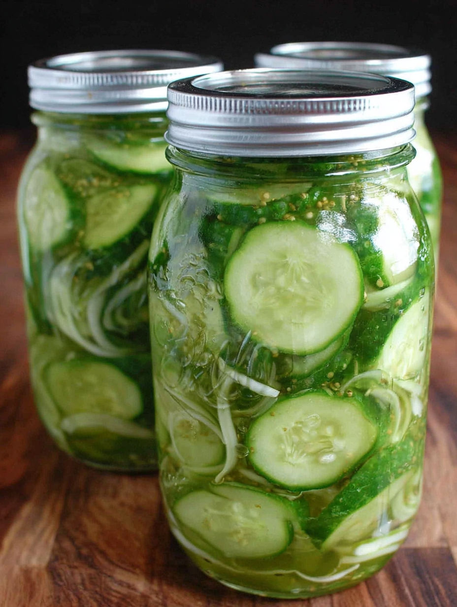 Two jars of cucumber pickles on a table.