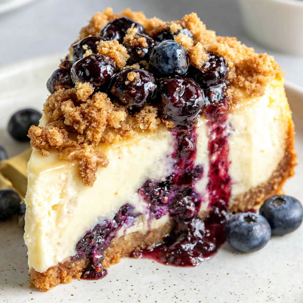 A slice of blueberry crumble cheesecake.