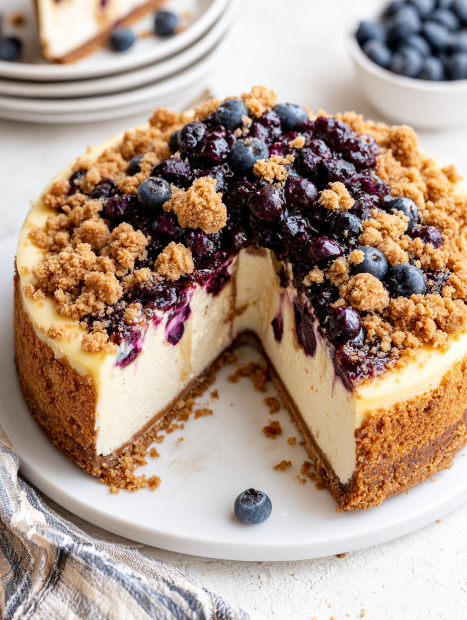 A slice of cake topped with blueberries.