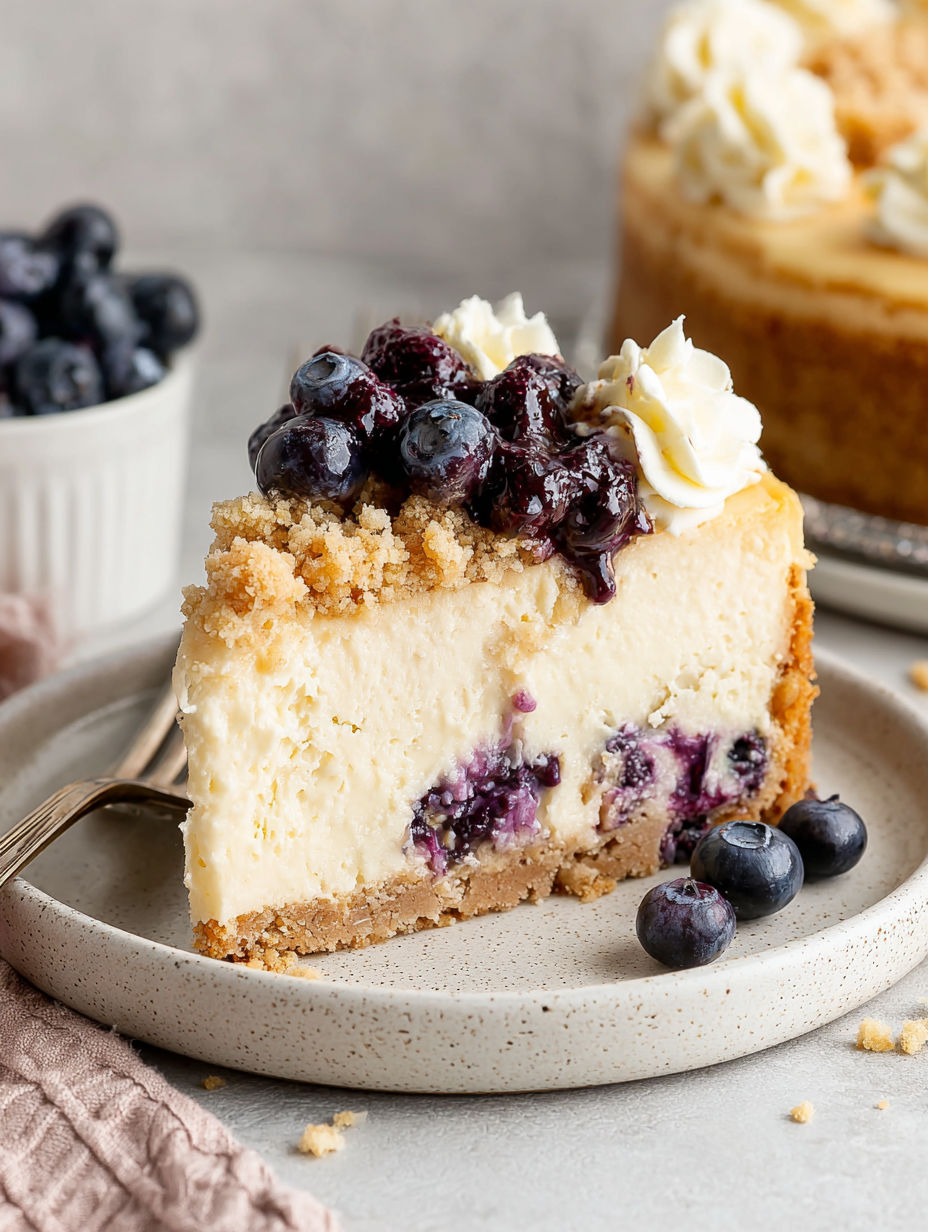 A slice of cheesecake with blueberries on top.