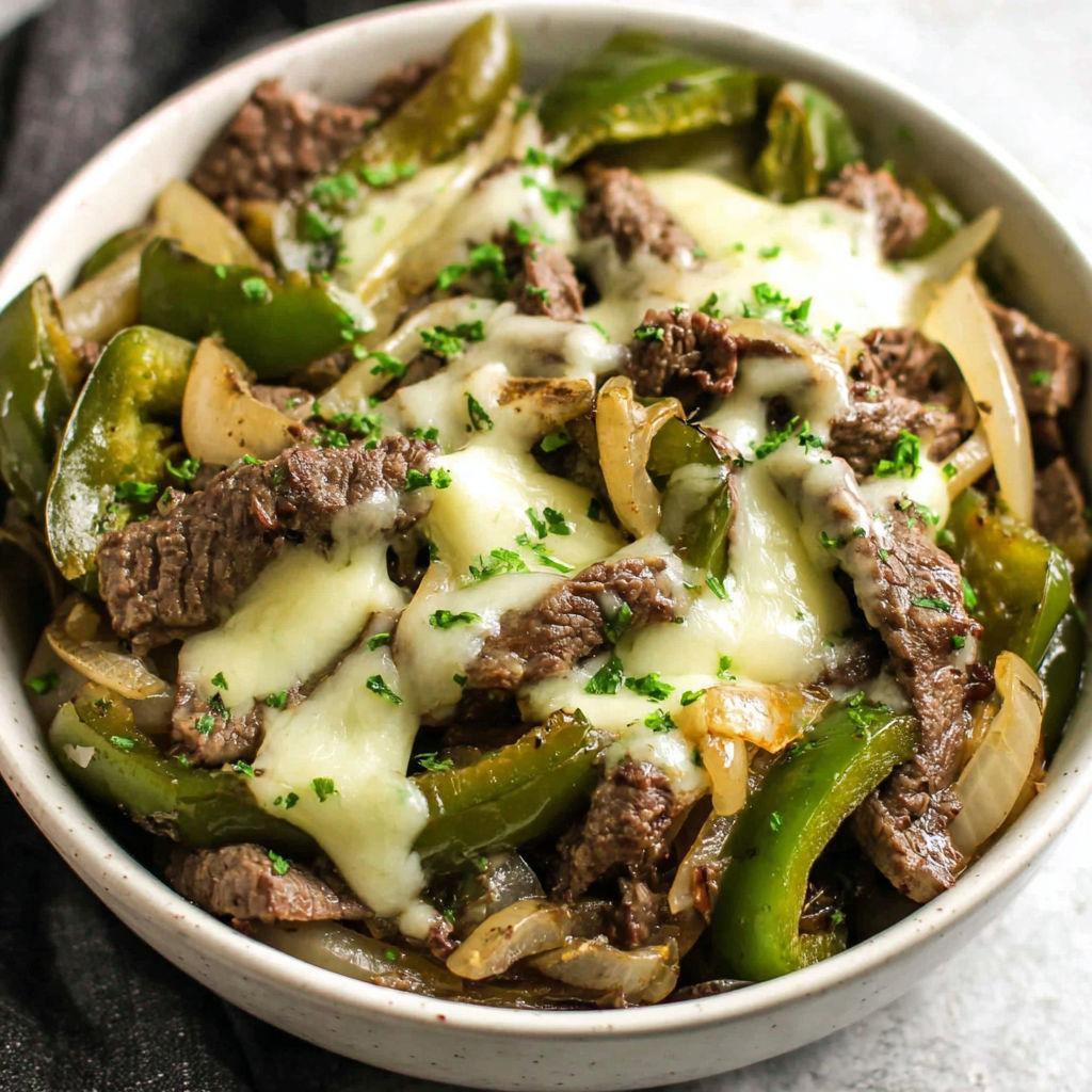 A bowl filled with meat and peppers.