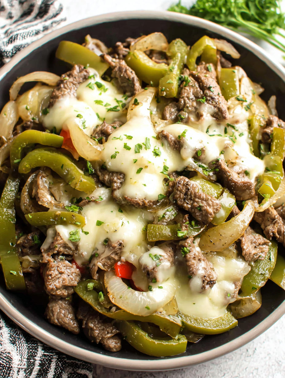 A bowl of meat and vegetables with cheese on top.
