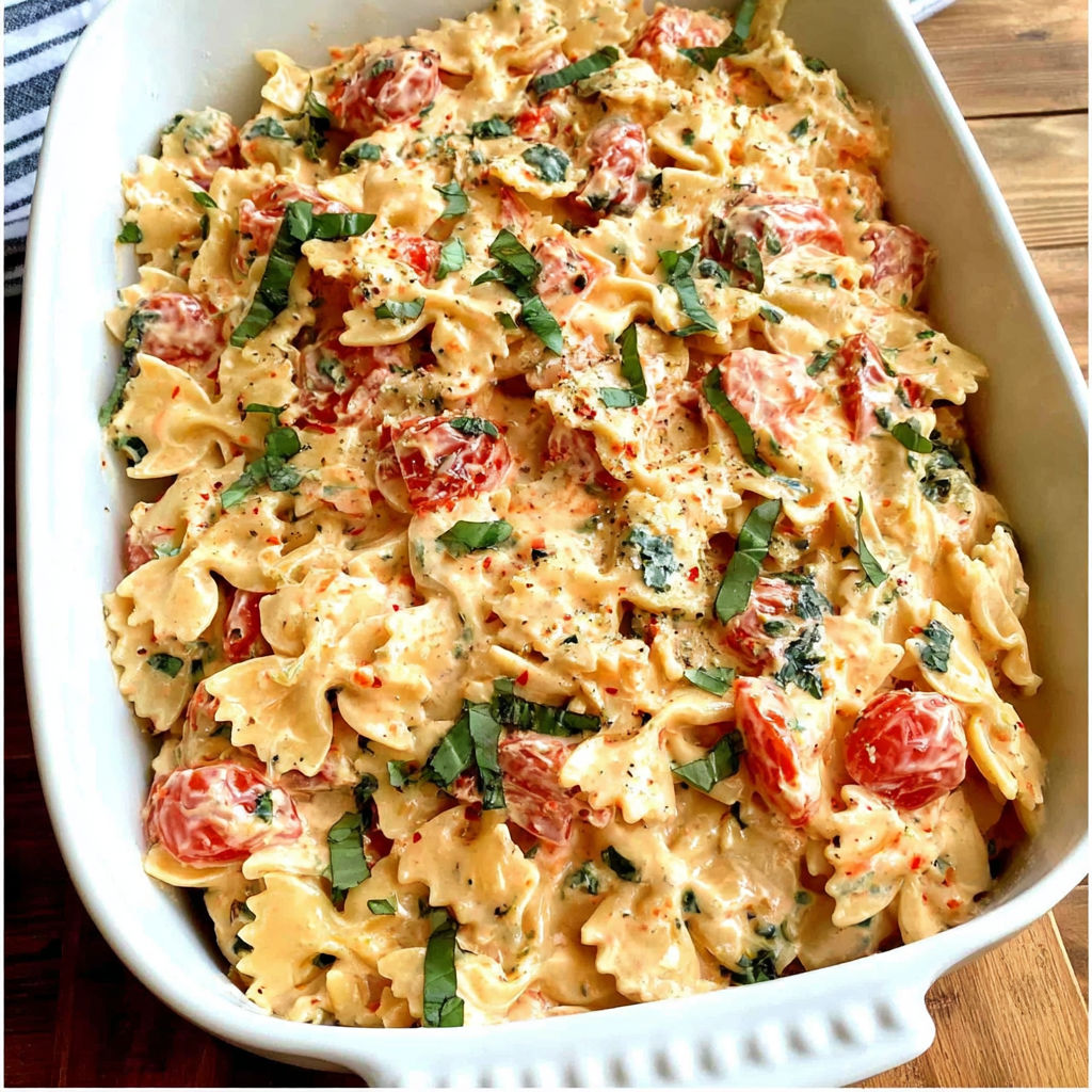 A baked pasta dish with tomatoes and spinach.