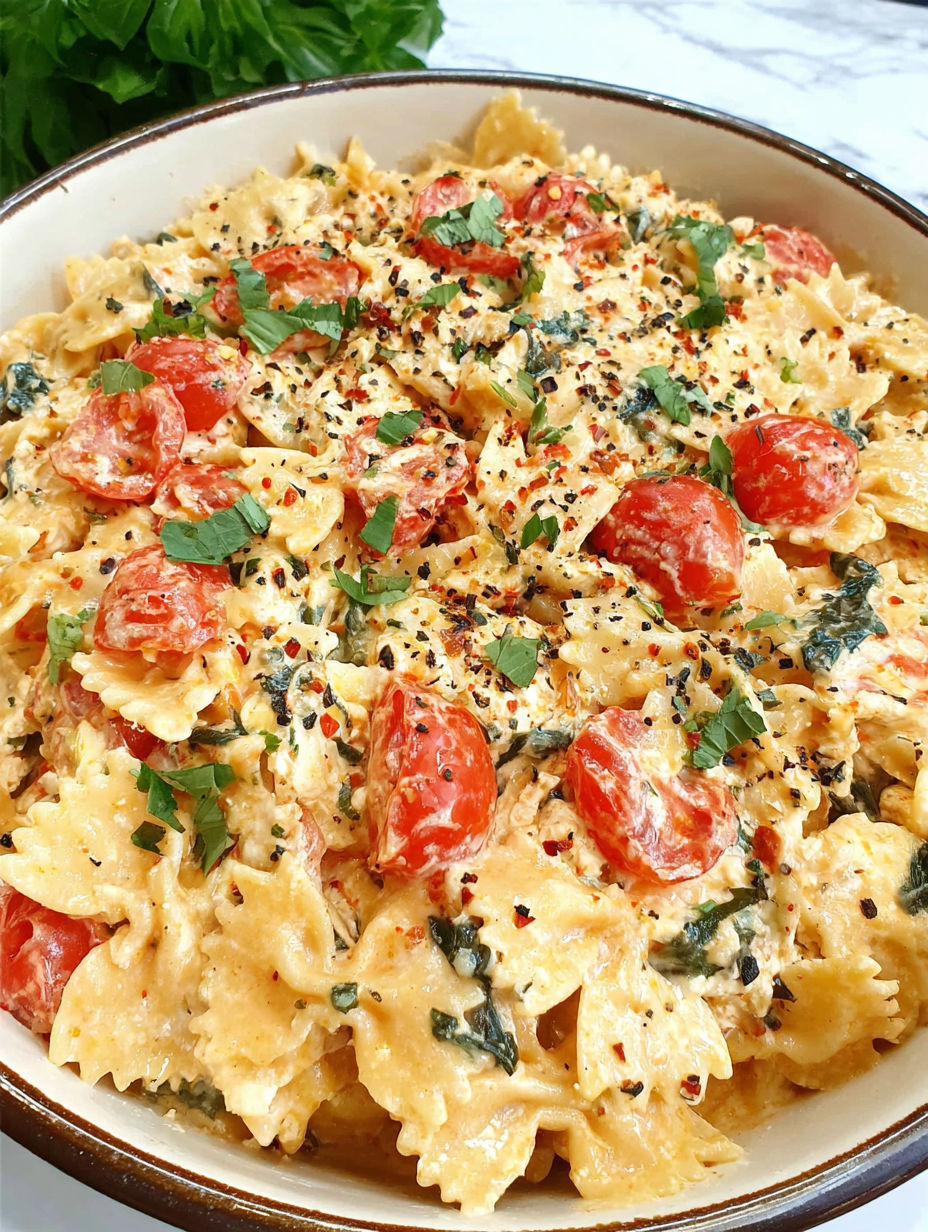 A bowl of pasta with tomatoes and spices.