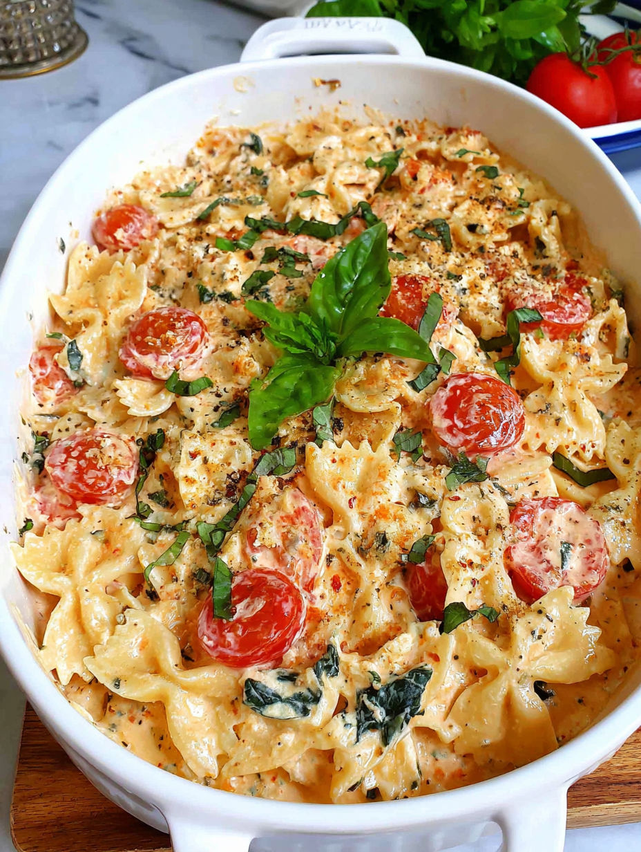A bowl of pasta with tomatoes and spinach.