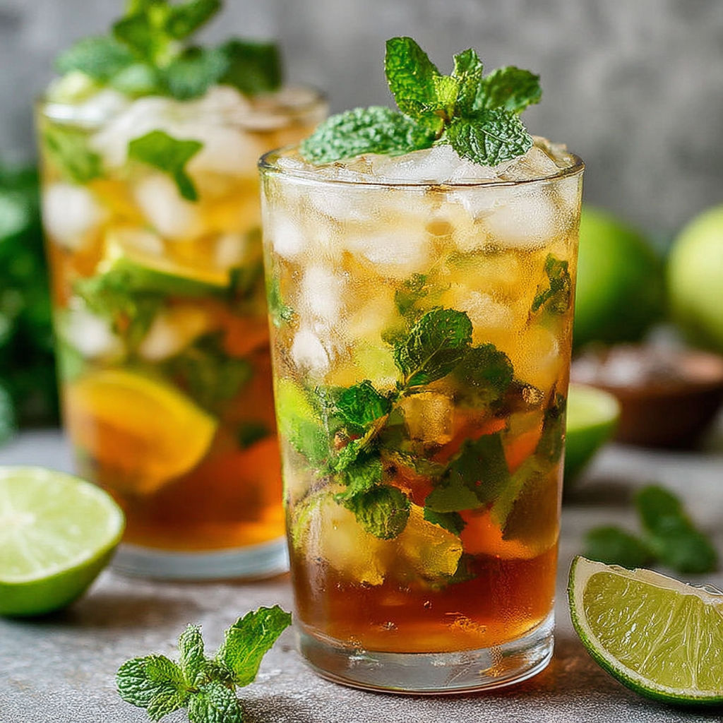 A glass of iced tea with mint and lime.