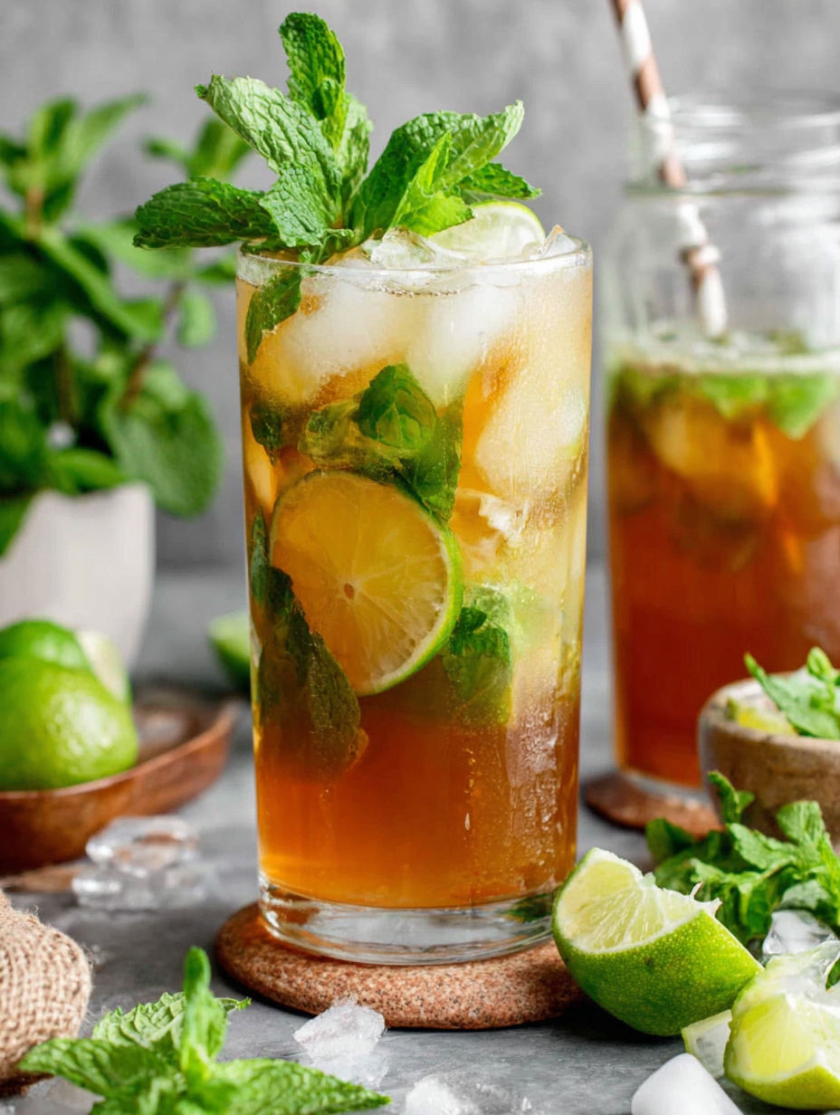A glass of iced tea with a slice of lemon and lime.