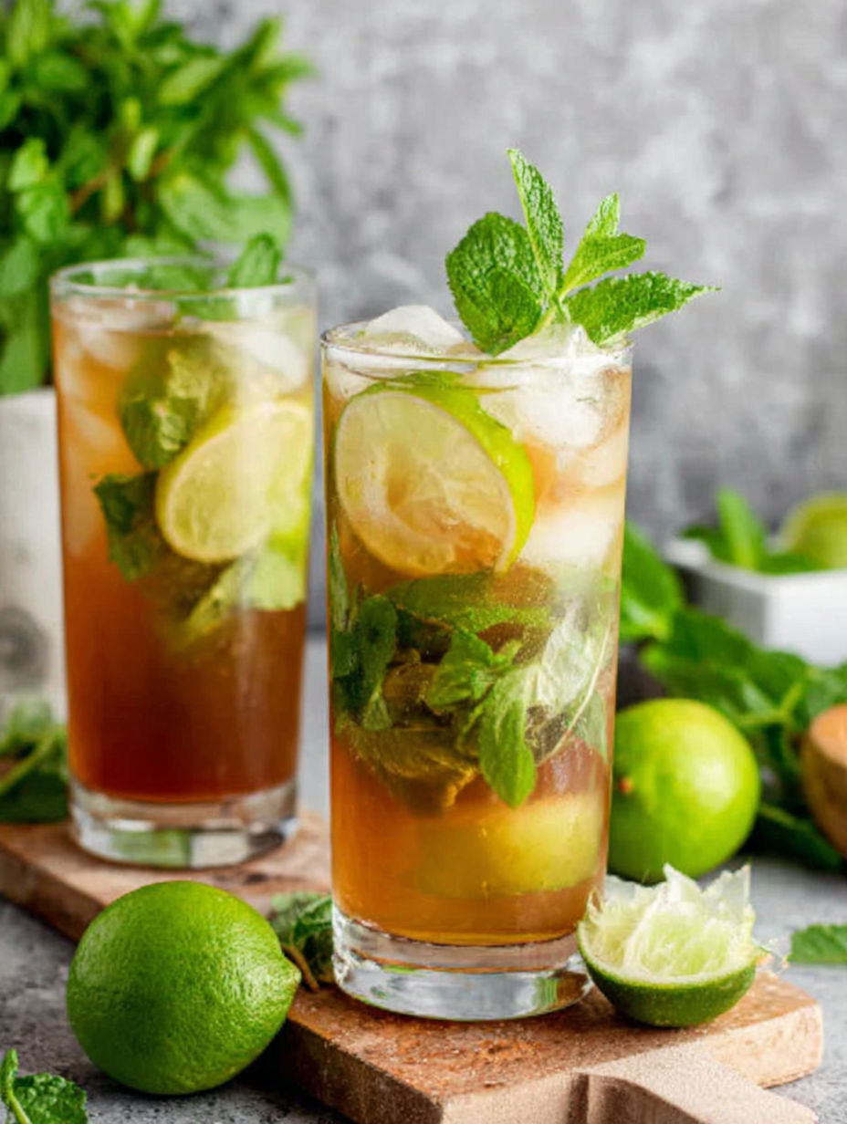 Two glasses of iced tea with mint leaves.