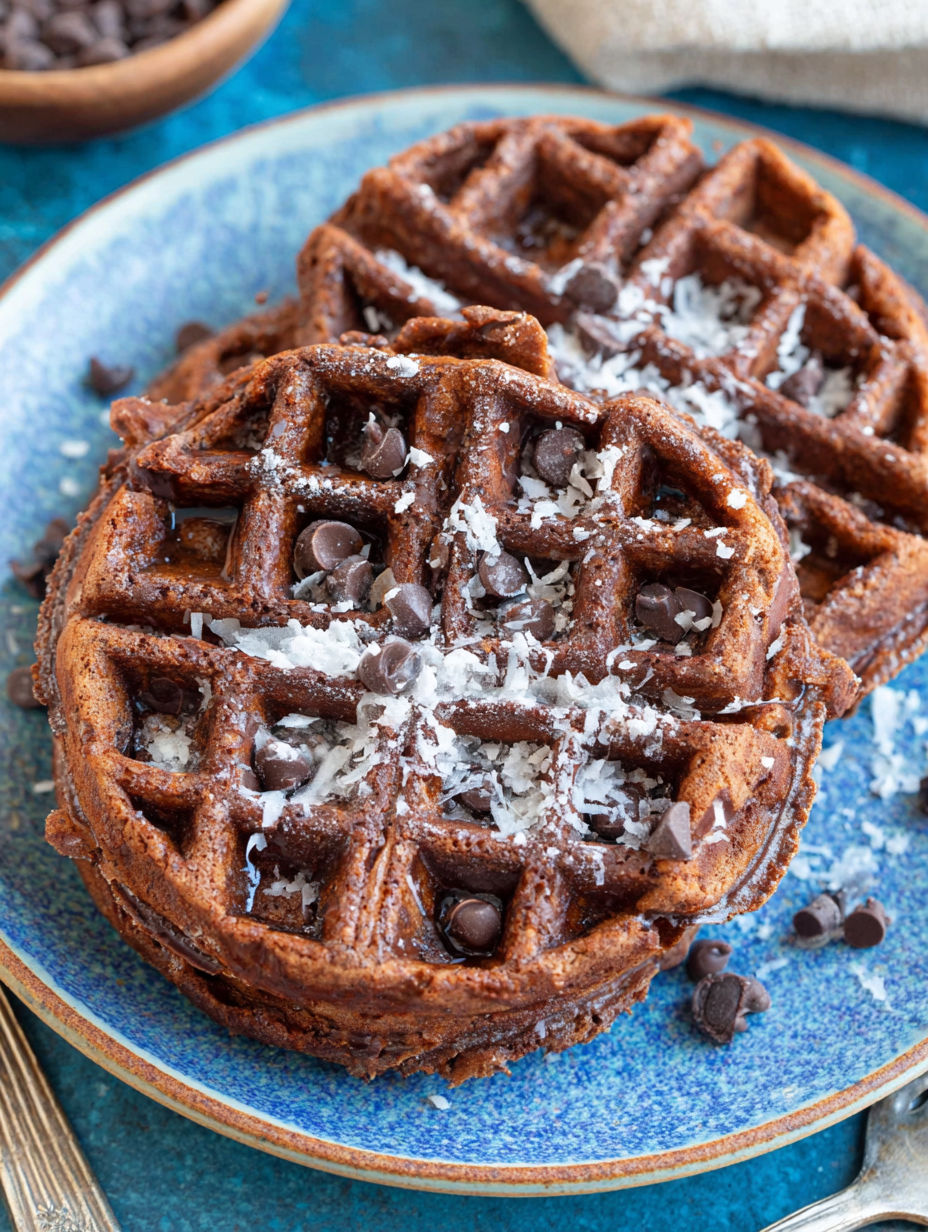 A plate of waffles topped with chocolate and coconut.
