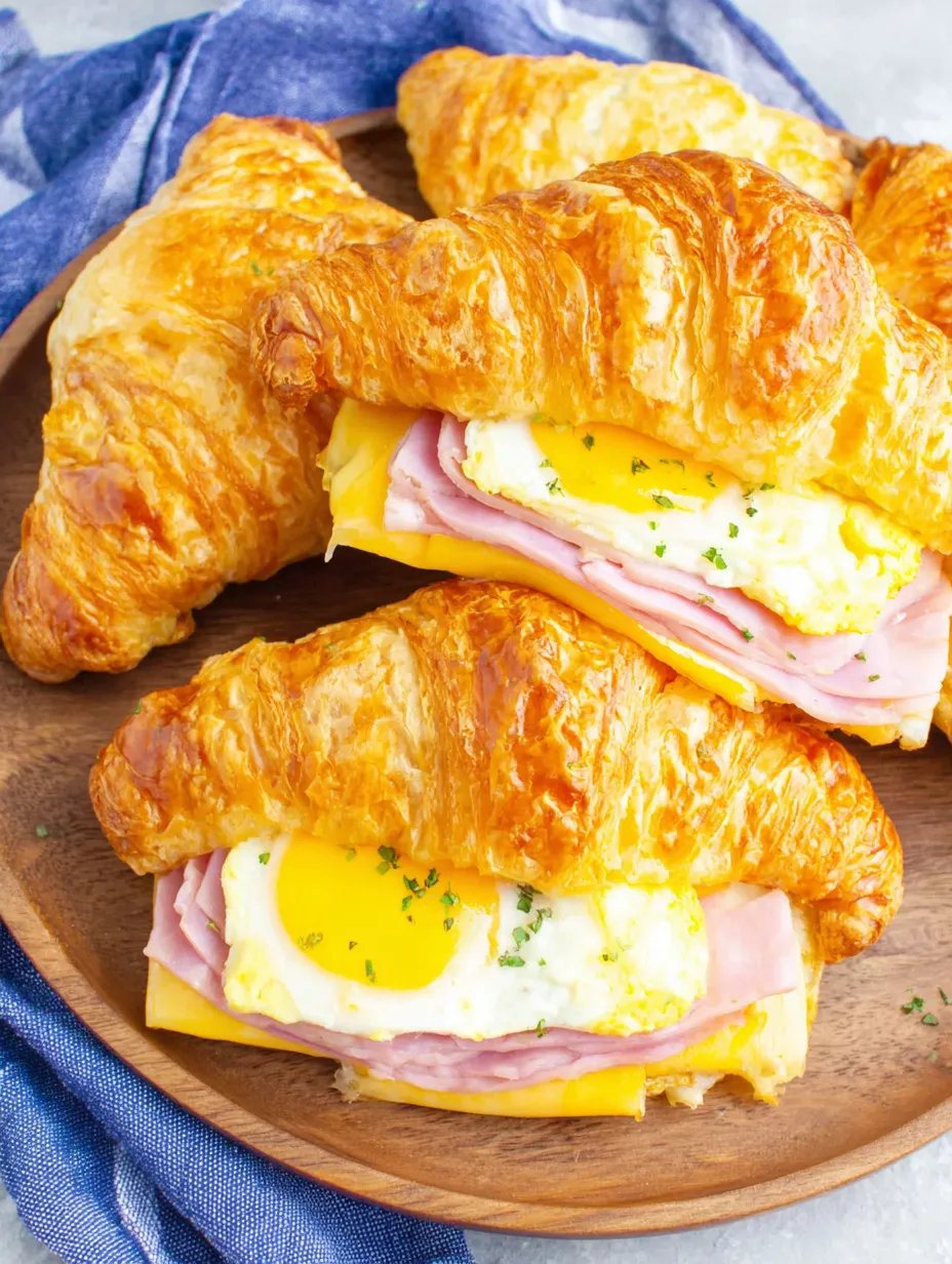 Two croissants filled with ham, egg, and cheese.