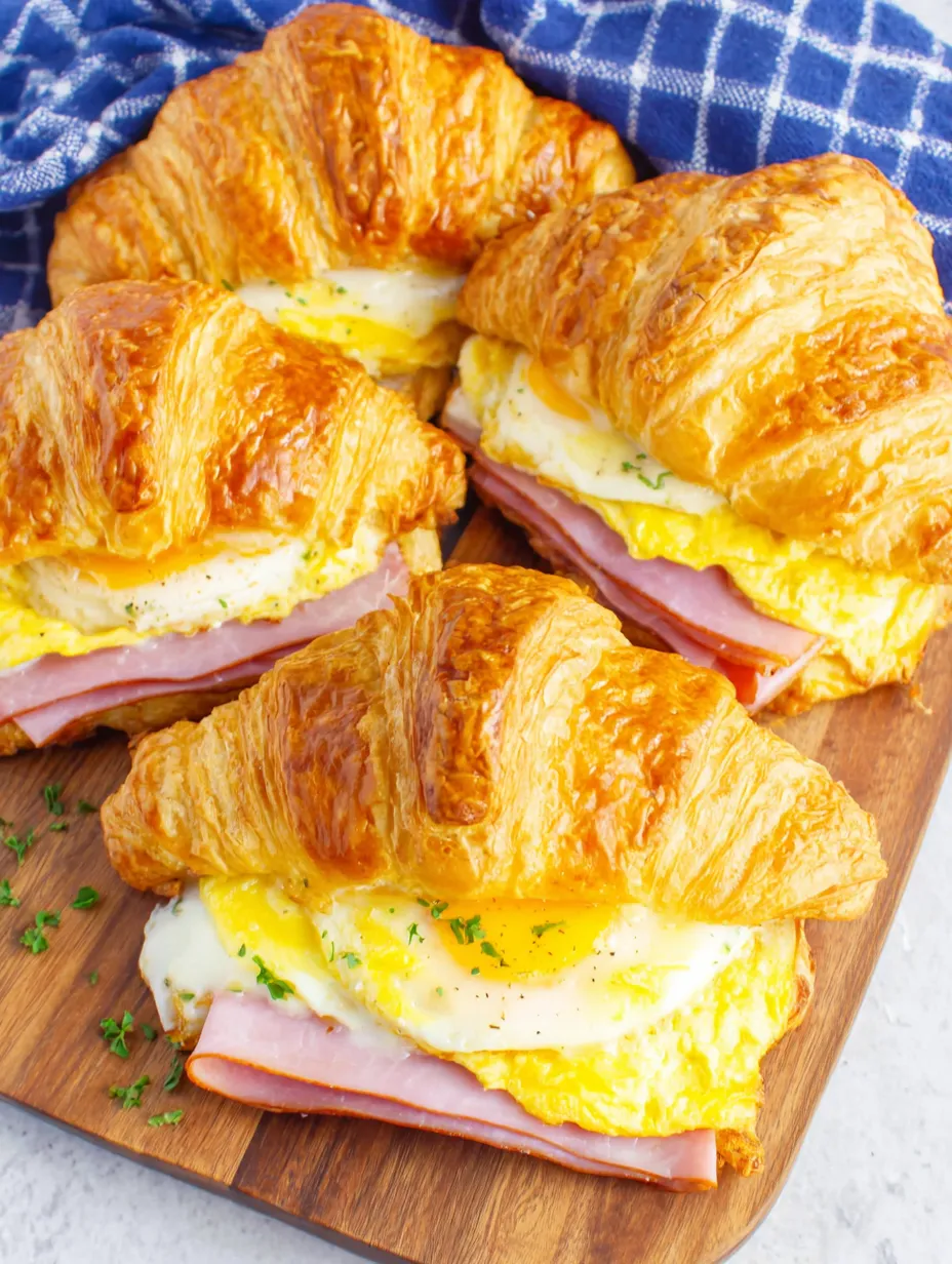 Three croissants with ham, egg, and cheese.