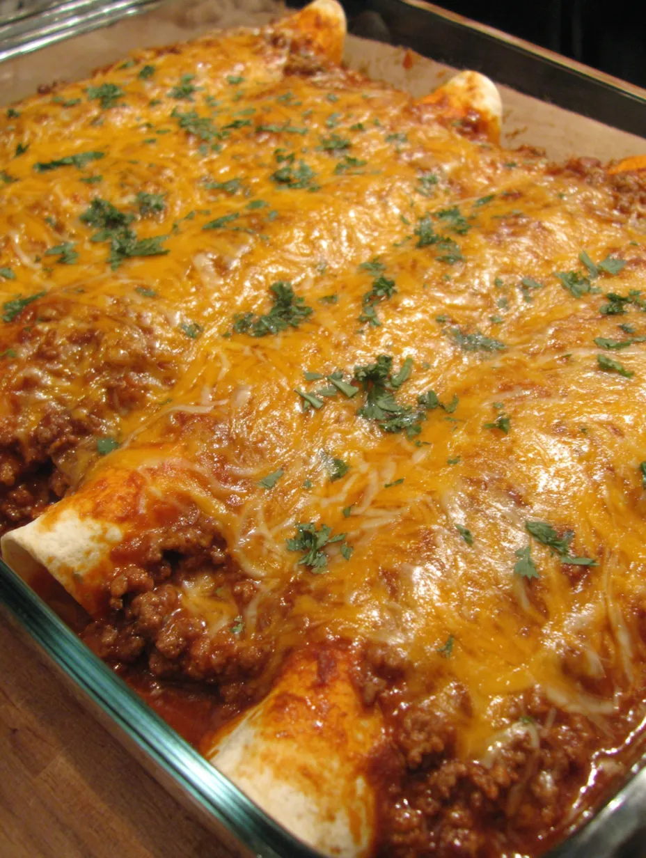 A dish of beef and bean enchiladas.