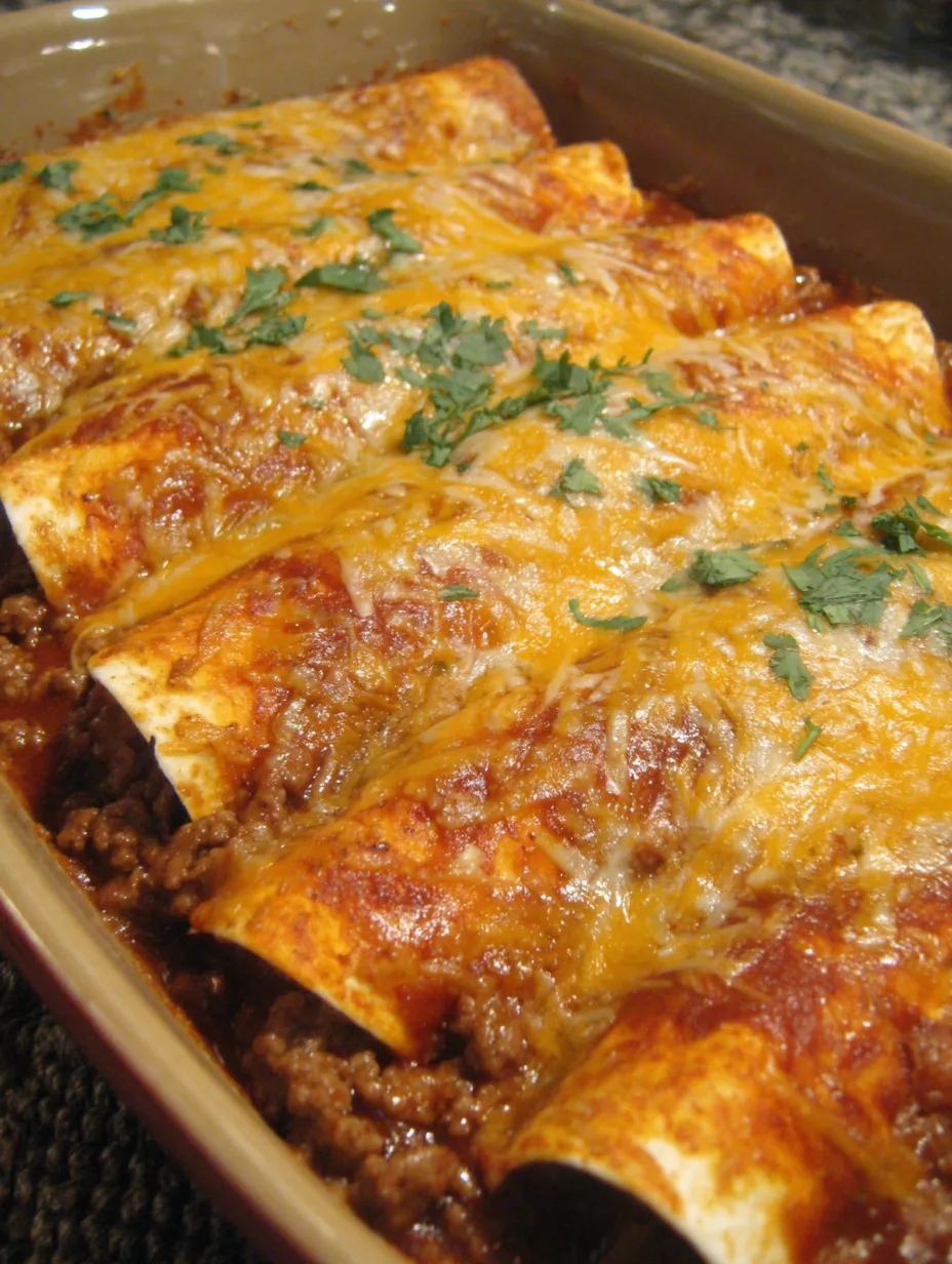 A dish of beef and bean enchiladas.