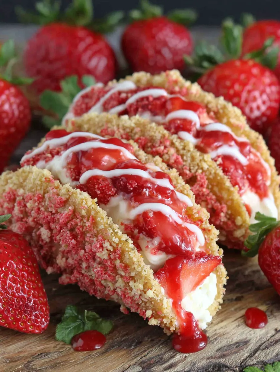 A close up of a strawberry crunch cheesecake taco.