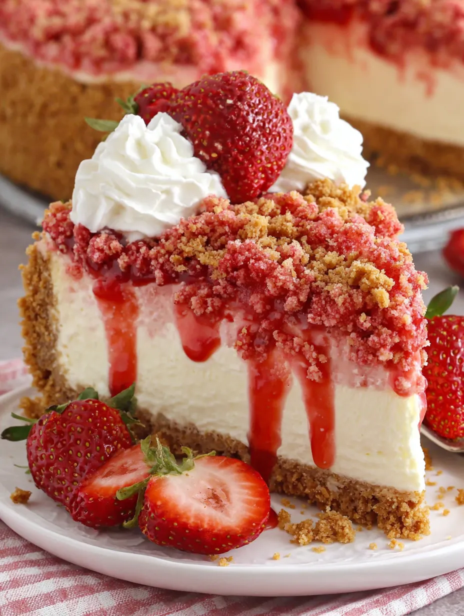 A slice of strawberry crunch cheesecake.