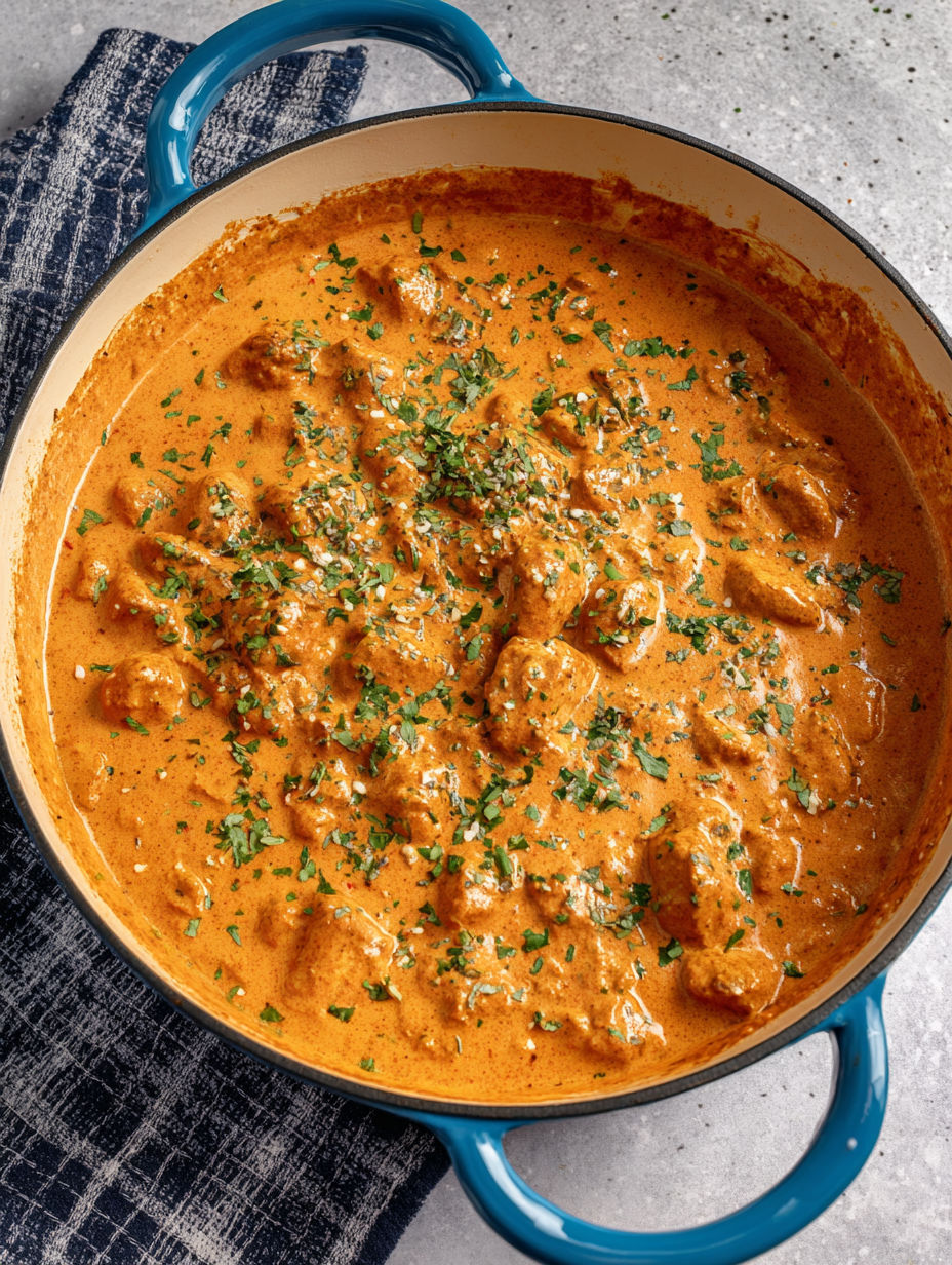 A pot of butter chicken with green herbs.