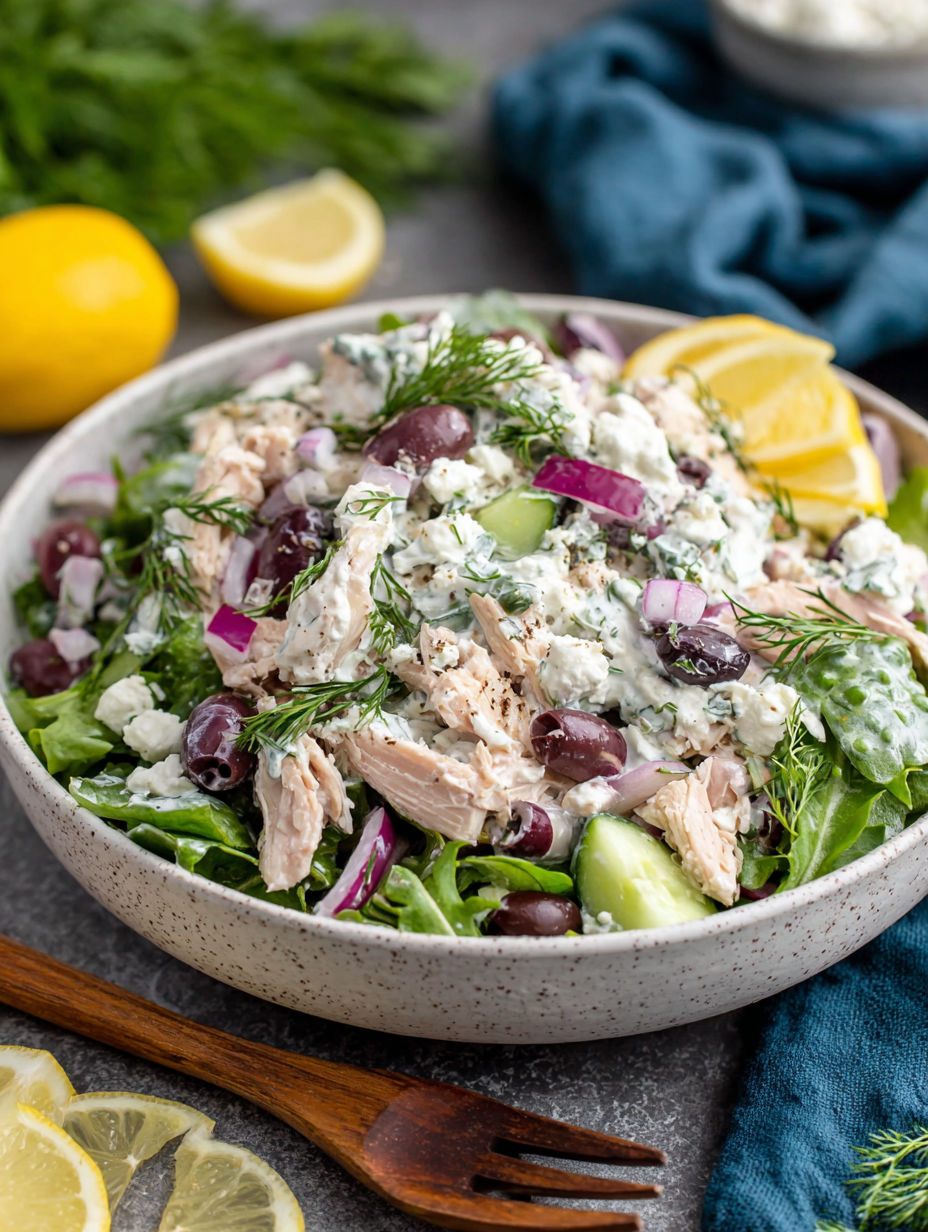A bowl of salad overflowing with chicken, cucumbers, and lemon wedges.