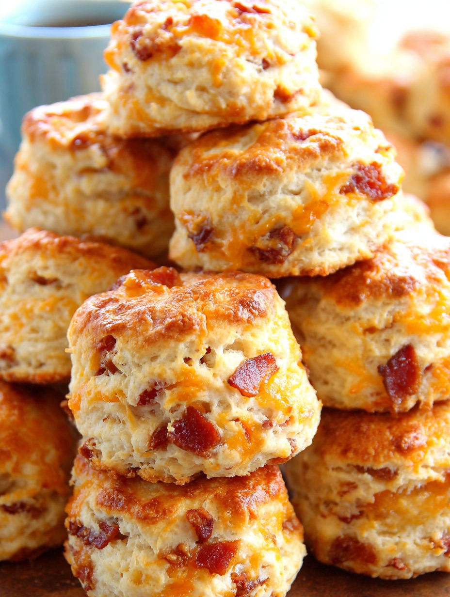 A stack of cheese and bacon biscuits.