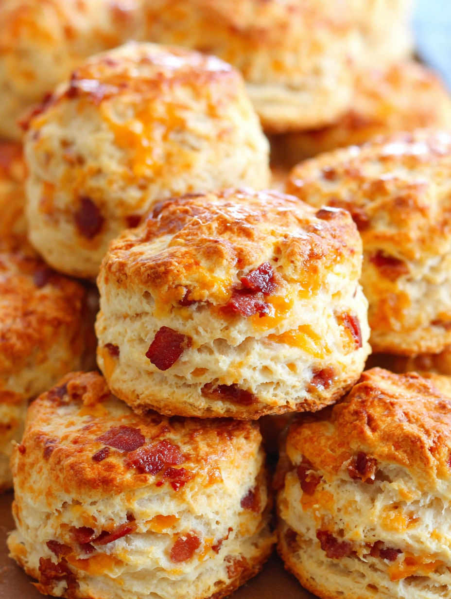 A stack of biscuits with bacon on top.