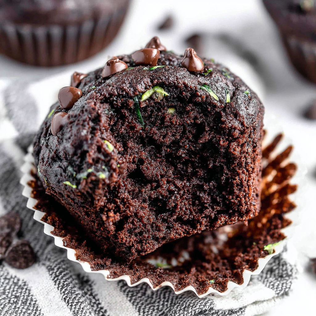 A chocolate zucchini muffin in a cupcake holder.