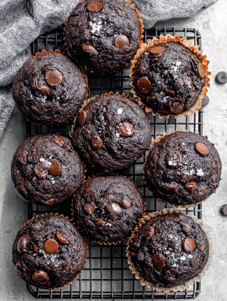 A tray of chocolate muffins with chocolate chips.