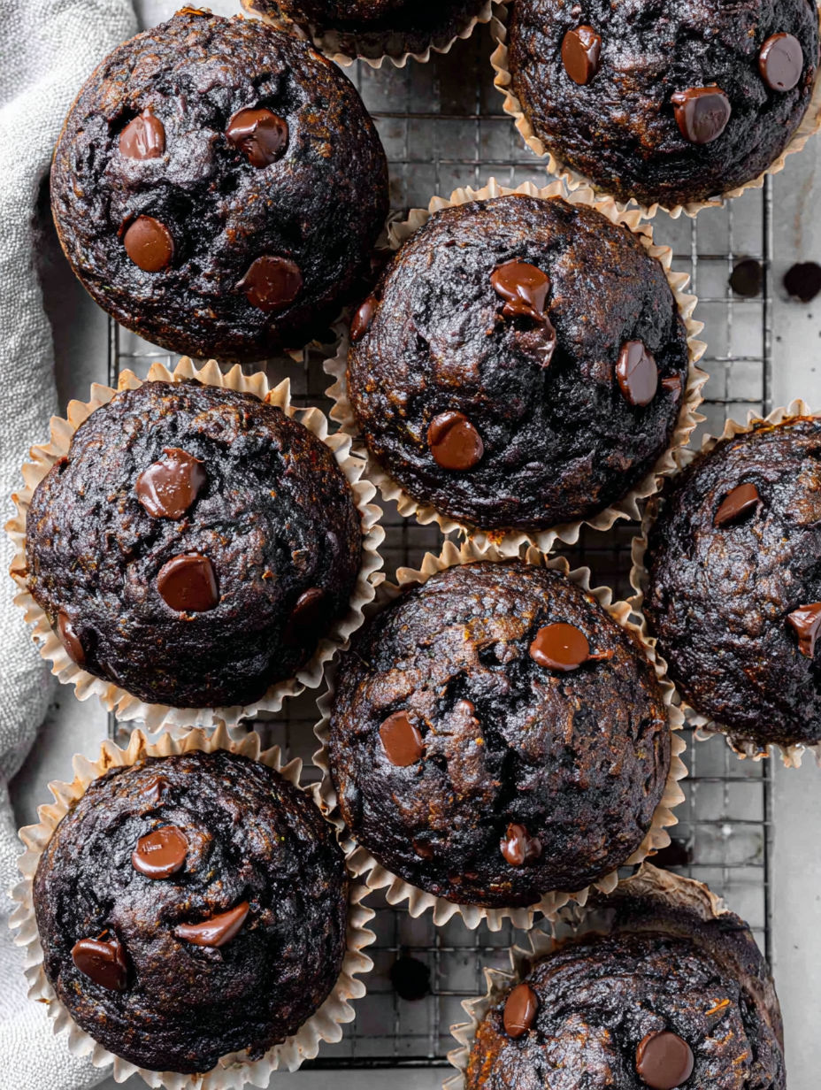 Chocolate muffins with chocolate chips.