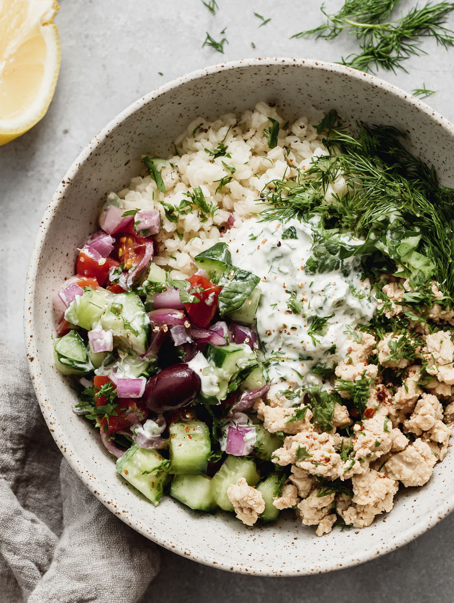 A bowl of food with rice, vegetables, and meat.