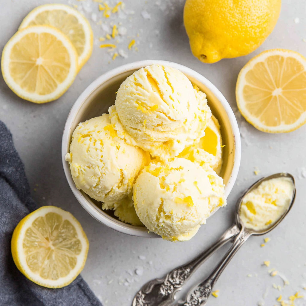 A bowl of ice cream topped with lemon slices.