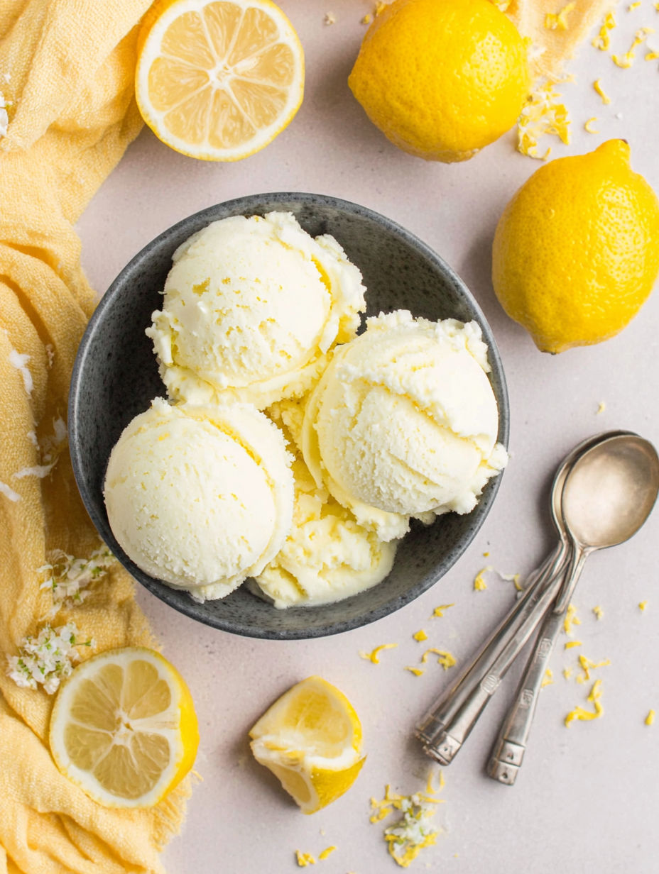 A bowl of ice cream with lemon wedges on the side.