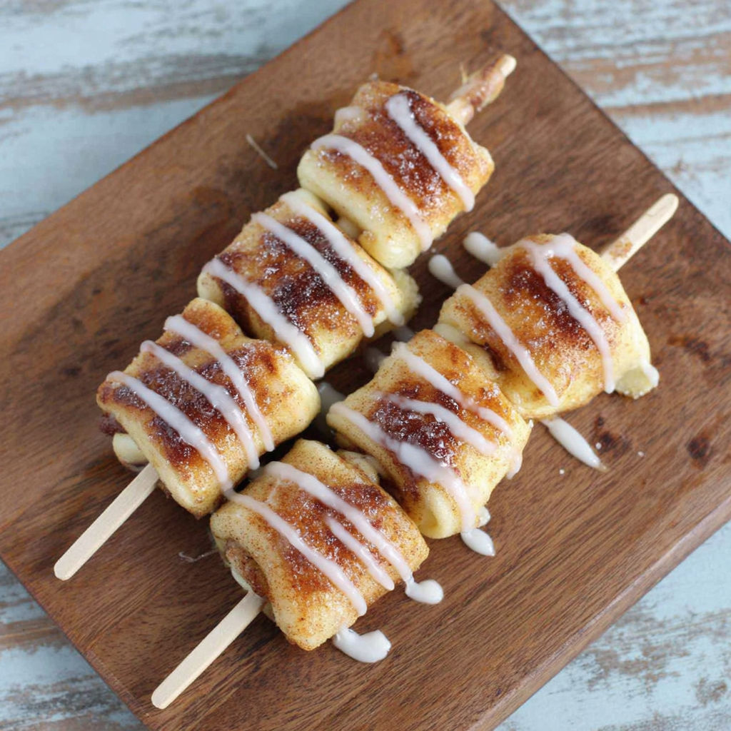 A stick with a cinnamon roll-up on it.
