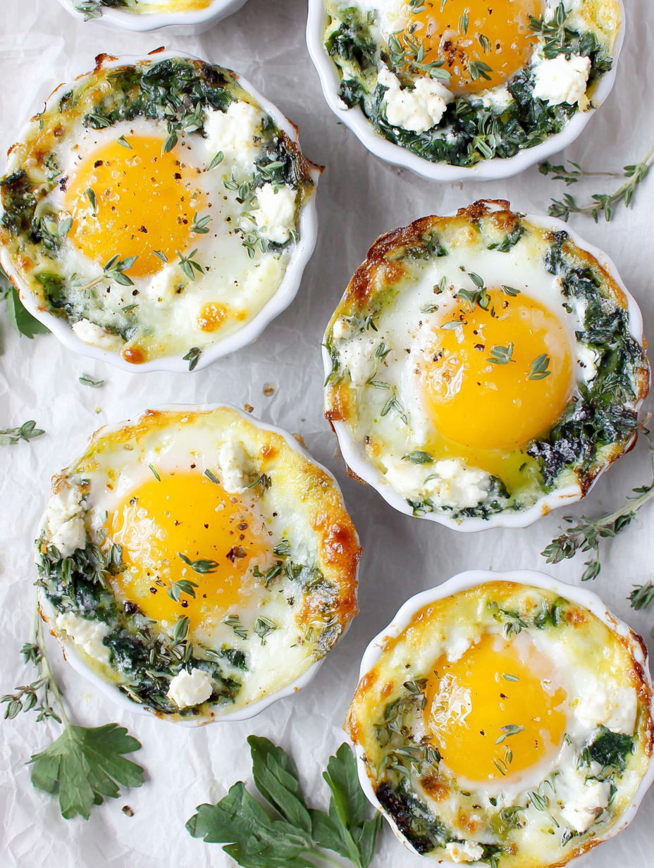 Four baked egg cups with cheese and greens.