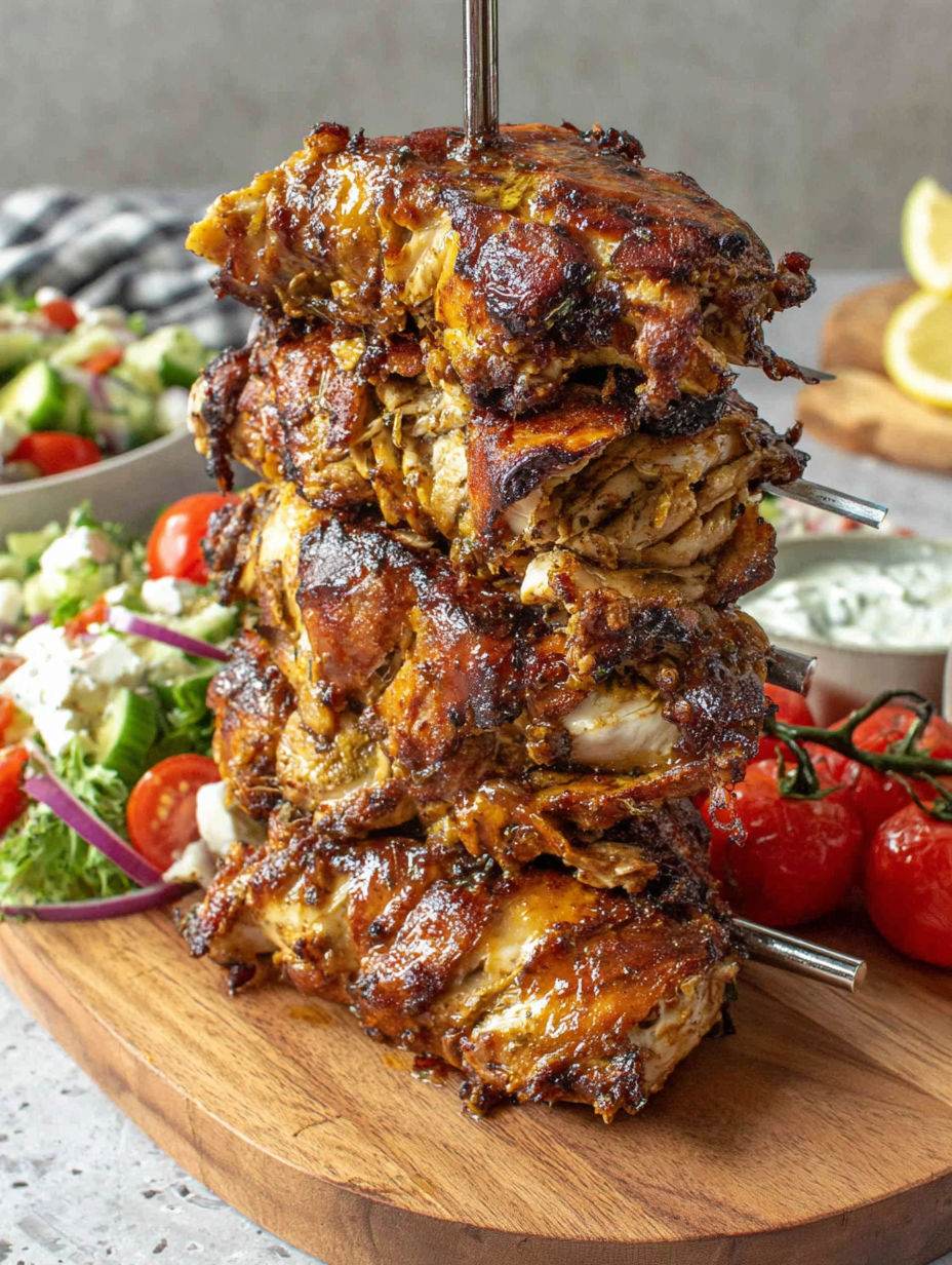 A stack of chicken with a side of salad.