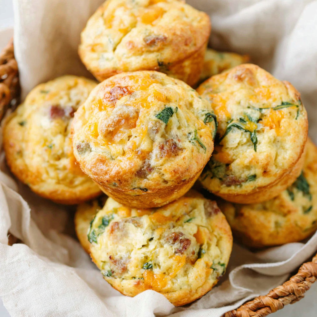 A basket of sausage pancake muffins.