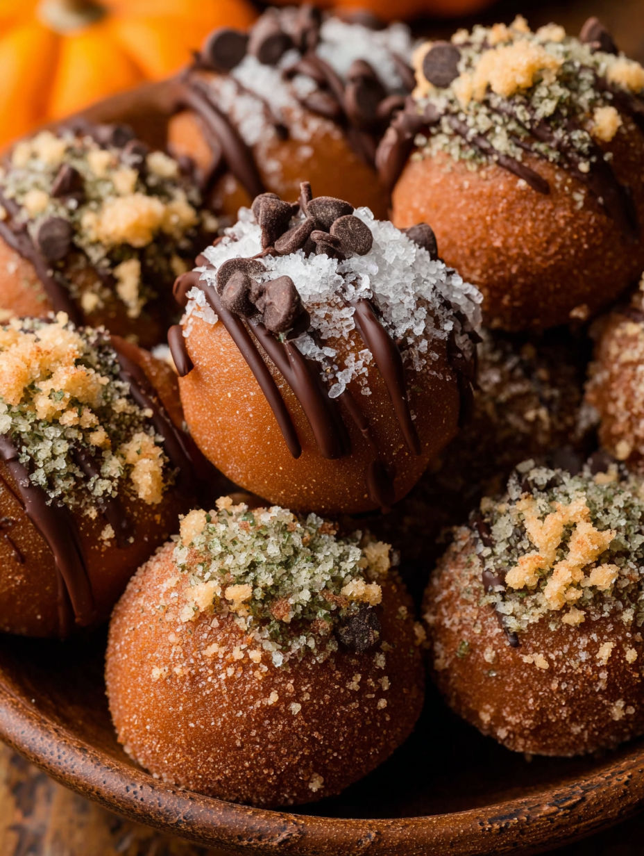 A bowl of doughnuts with chocolate and sprinkles.