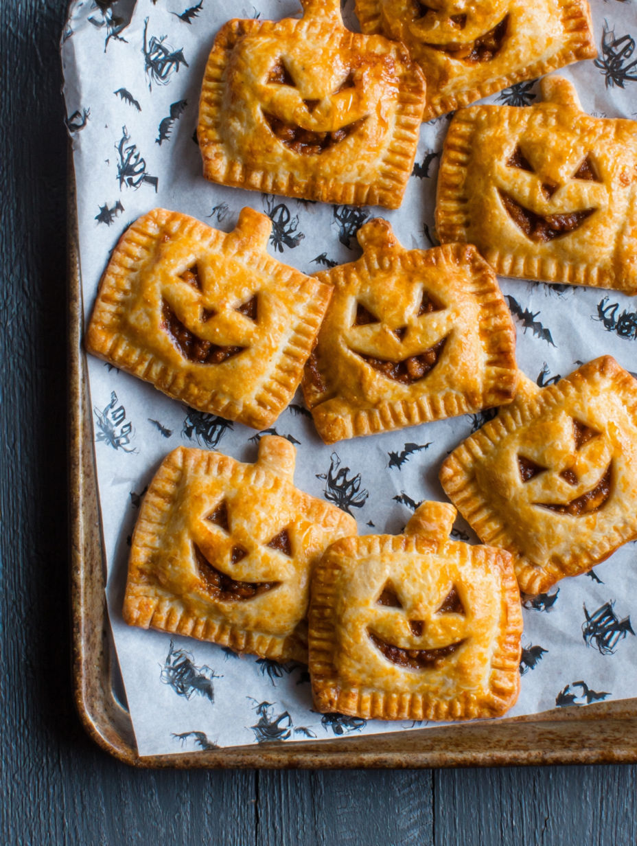 A tray of pumpkin shaped pastries.