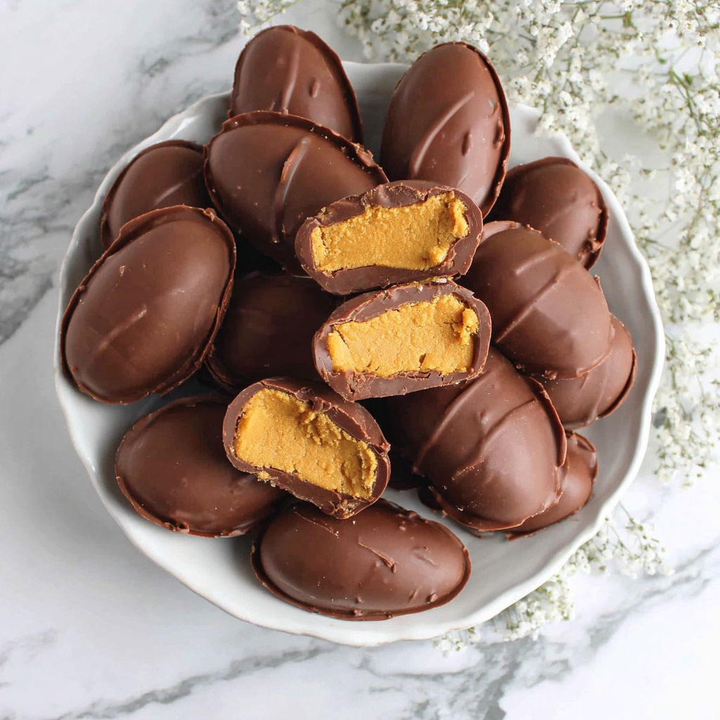 A bowl of homemade healthy peanut butter eggs.
