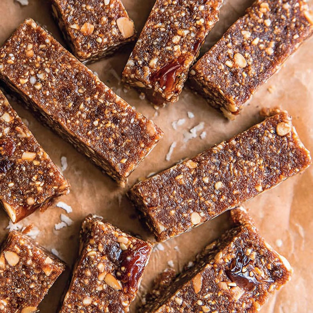 A close up of a bar of nutty date bars.